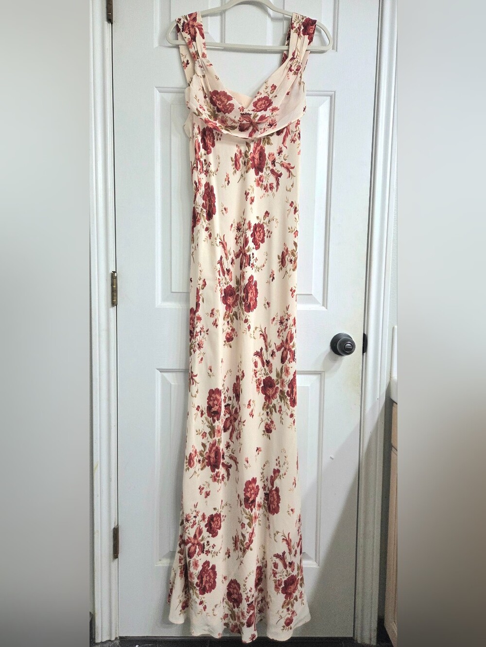 Cream Floral Reformation Indra Maxi Dress with Red Rose Print